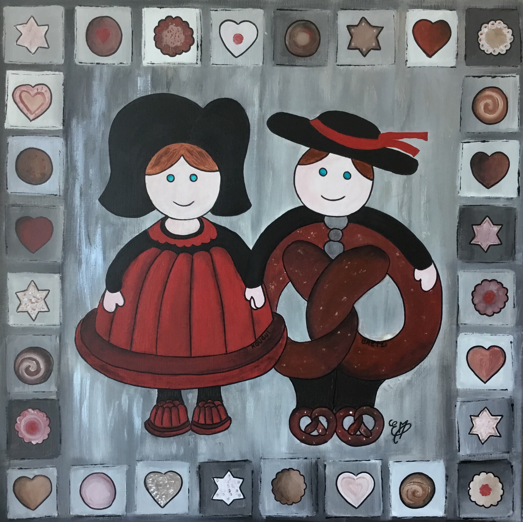 KOUGUI ET BRETZI N°1, tableau, toile, paint, peinture, maintint, acrylique, braedala, petits gâteaux, cœur, Personnage, Estel, Estelle, original, contemporain, épicurien, couple, alsacien, costume, coiffe, moule, kouglof, bretzel, figurines, dessin, décoration, Alsace, traditionnel, femme, homme, spécialité,