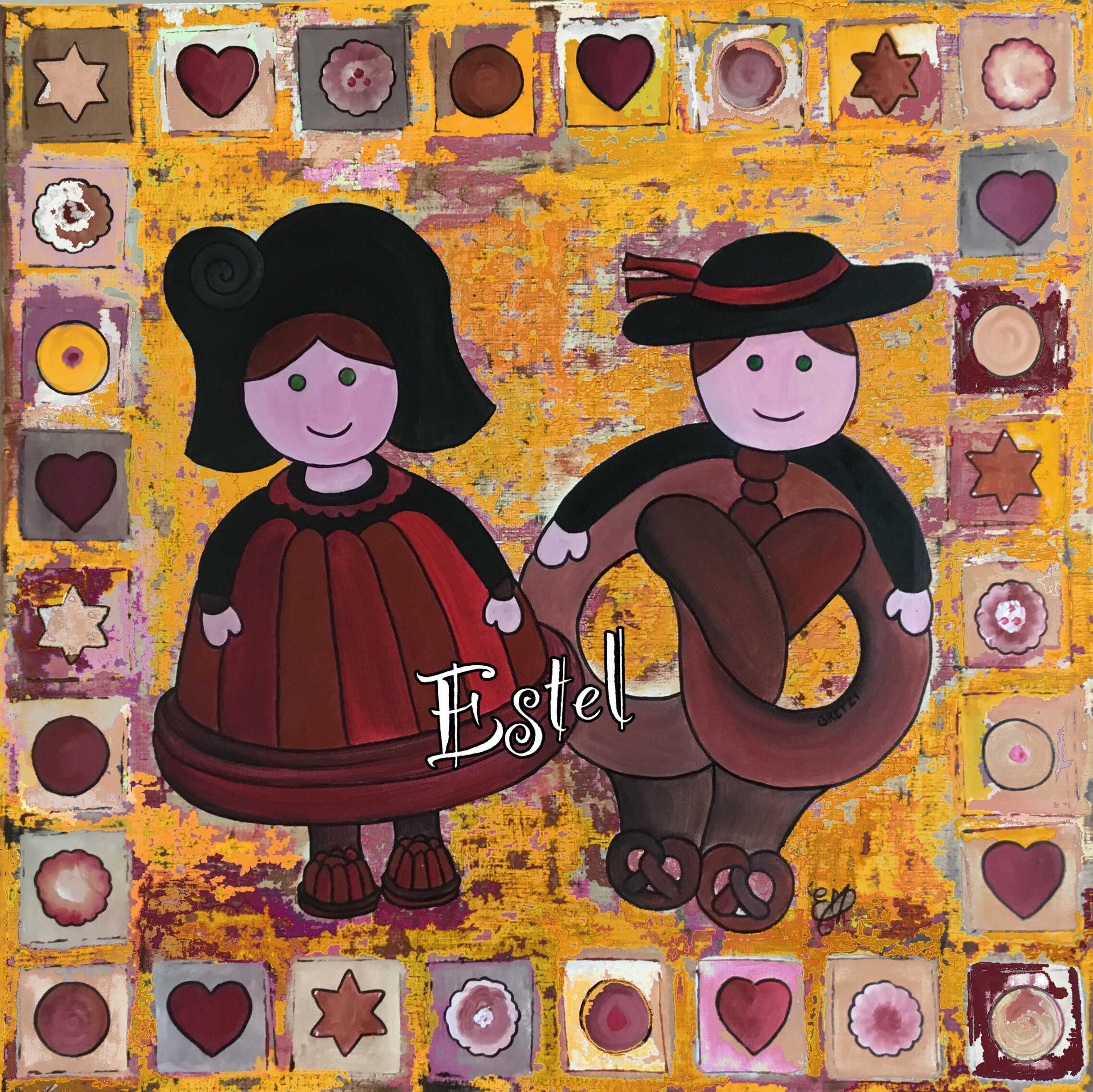 Kougui,Bretzi, personnages, alsaciens, kougelhof, kouglof, bretzel, couple, tenue, art, num&eacute;rique, tableau, peinture, Alsace, traditions, culture, jaune, c&oelig;ur, N&deg;11