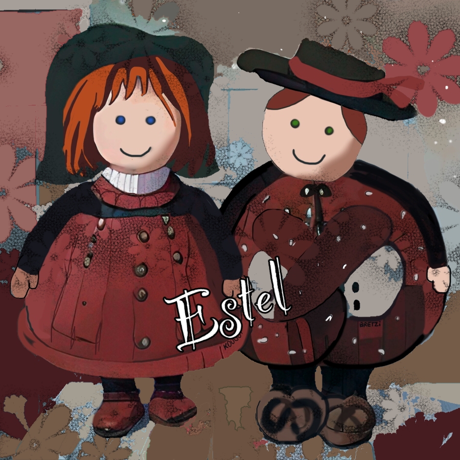 Kougui,Bretzi, personnages, alsaciens, costumes, marron, kougelhof, kouglof, bretzel, couple, tenue, art, num&eacute;rique, tableau, peinture, Alsace, traditions, n&deg;12