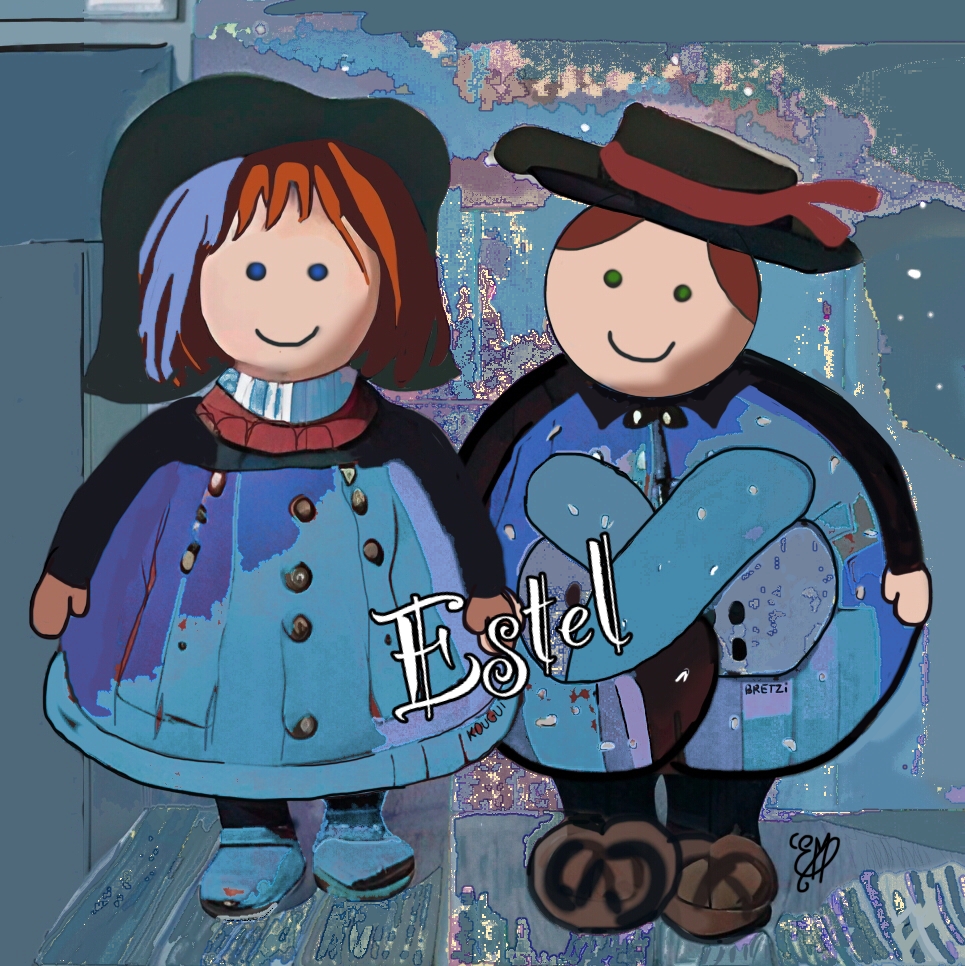 Kougui,Bretzi, personnages, alsaciens, marron et bleu, kougelhof, kouglof, bretzel, couple, tenue, art, num&eacute;rique, tableau, peinture, Alsace, traditions, n&deg;13