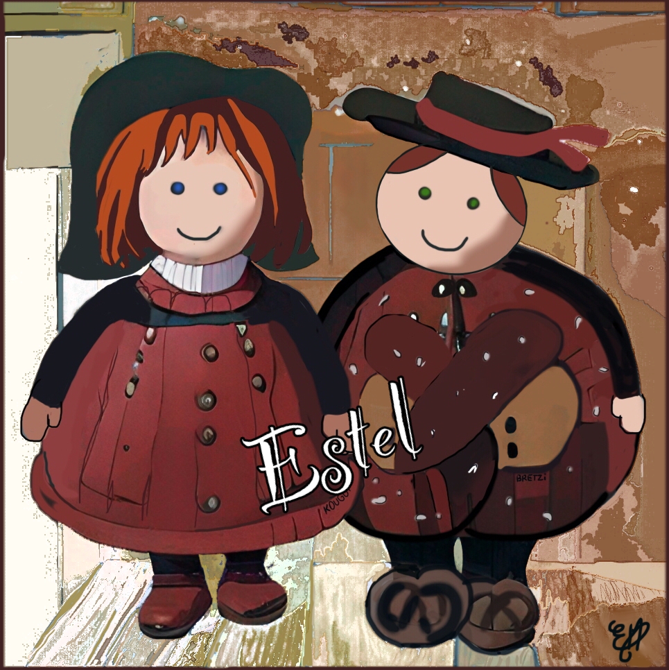 Kougui,Bretzi, personnages, alsaciens, kougelhof, kouglof, bretzel, couple, tenue, art, num&eacute;rique, tableau, peinture, Alsace, traditions, n&deg;14, marron