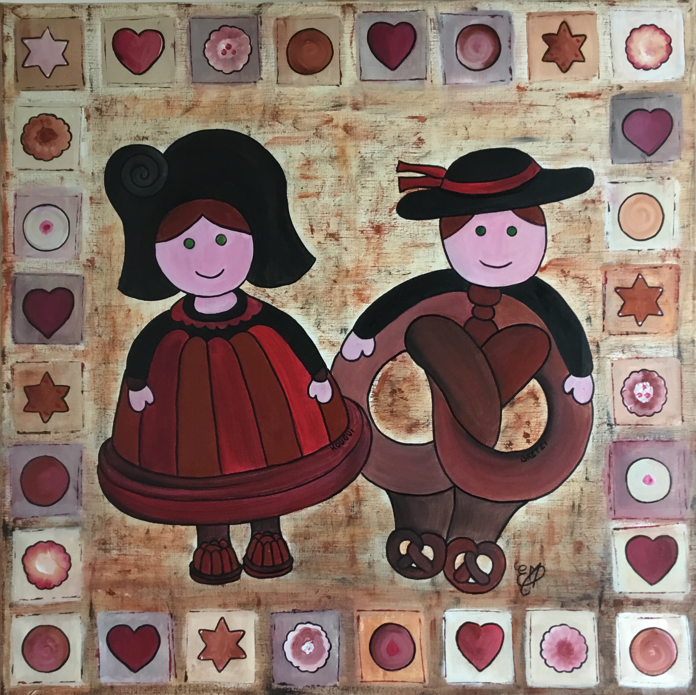 KOUGUI ET BRETZI N°2, tableau, toile, paint, peinture, maintint, acrylique, braedala, petits gâteaux, cœur, Personnage, Estel, Estelle, original, contemporain, épicurien, couple, alsacien, costume, coiffe, moule, kouglof, bretzel, figurines, dessin, décoration, Alsace, traditionnel, femme, homme, spécialité,