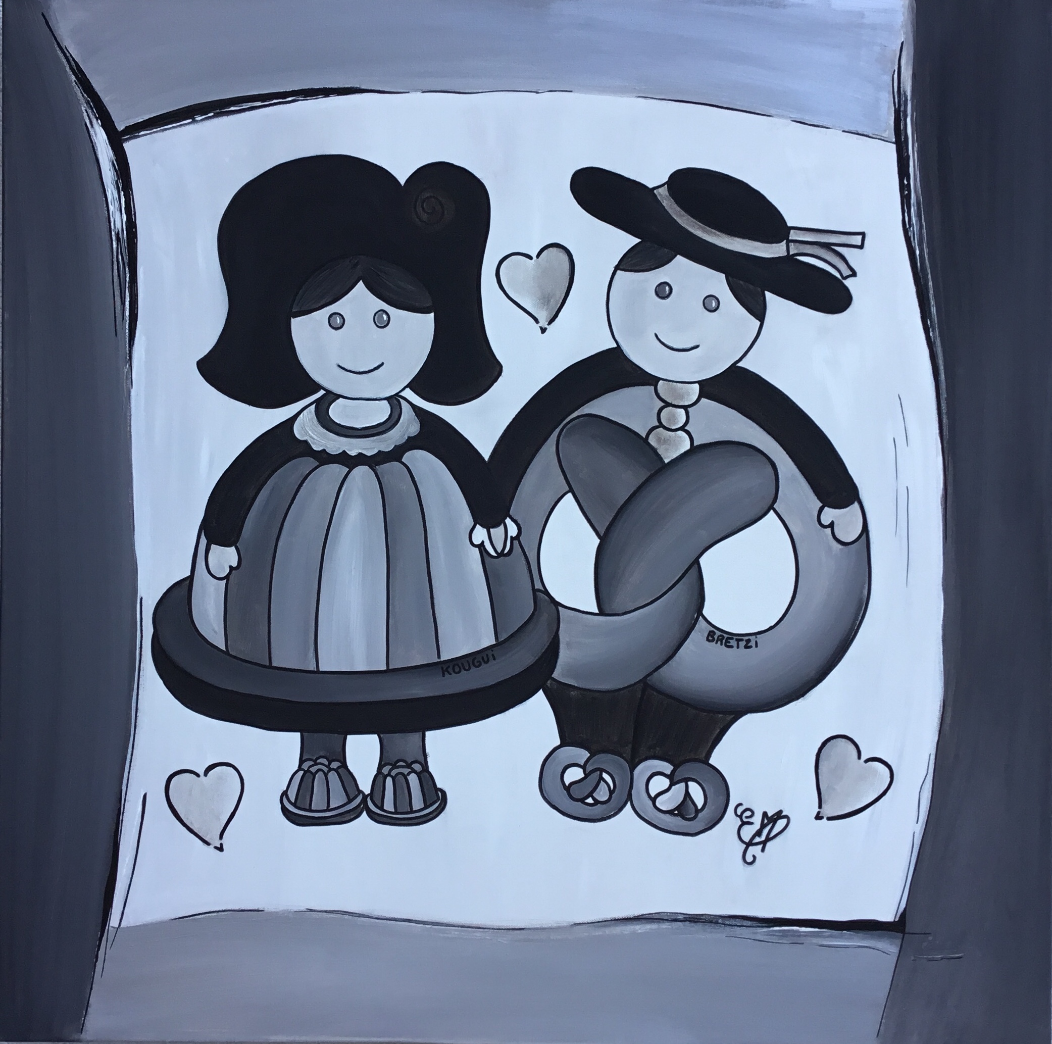 KOUGUI ET BRETZI N°3, tableau, toile, paint, peinture, maintint, acrylique, braedala, petits gâteaux, cœur, Personnage, Estel, Estelle, original, contemporain, épicurien, couple, alsacien, costume, coiffe, moule, kouglof, bretzel, figurines, dessin, décoration, Alsace, traditionnel, femme, homme, spécialité,Noir et blanc, gris