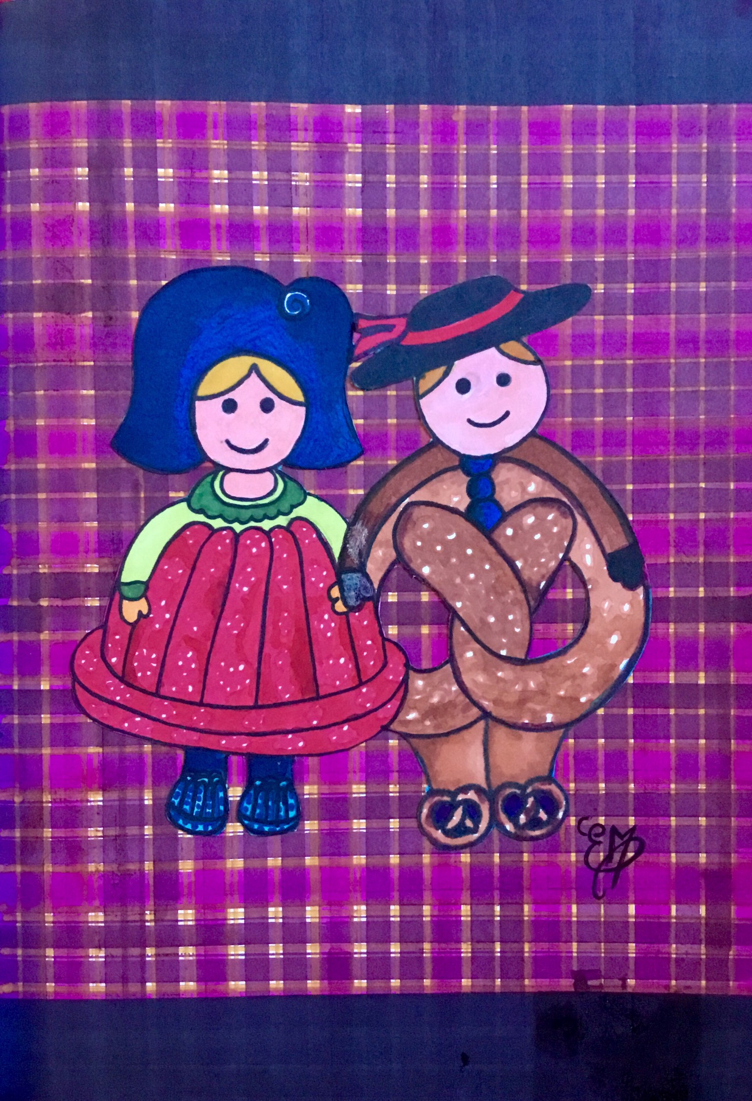 Kougui et Bretzi design personnages alsaciens kougelhof bretzel feutres
