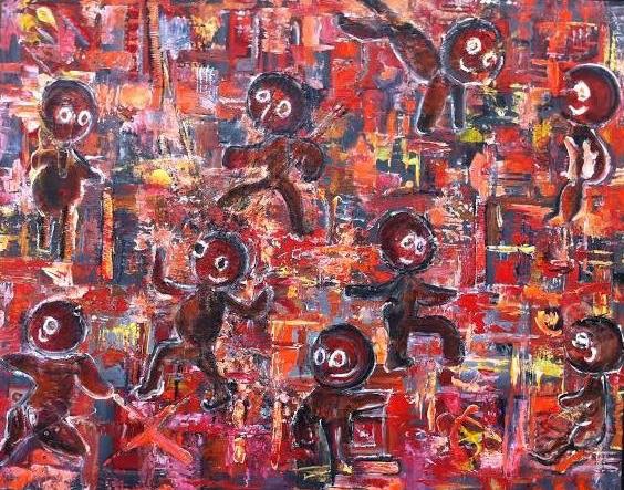 Oeuvre pas cher. Tableau moderne contemporain abstrait peint à l'acrylique par l'artiste peintre Estel. Toile moderne contemporaine abstraite, grand format, rouge. 80 X 100 cm.