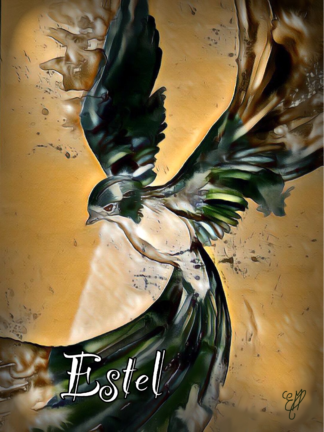 Oiseau, vol, mouvement, ailes, noir, or, ph&eacute;nix, art, num&eacute;rique, painting, tableau, moderne, contemporain, luxe, original, n&deg;3