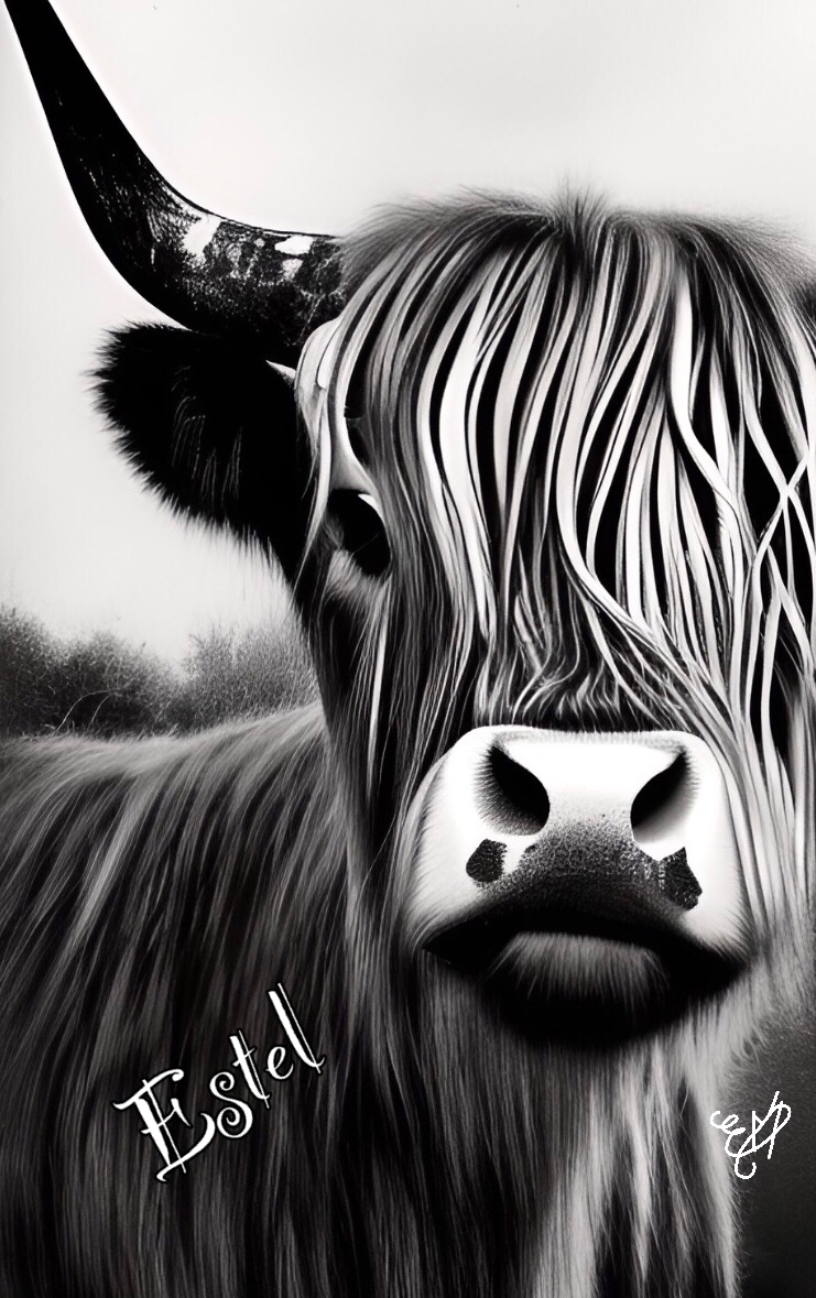 animal/animals/vache/&eacute;cossaise/highland/cow/portrait/animalier/tableau/oeuvre/contemporaine/moderne/num&eacute;rique/peinture/dessin/nature/cadeau/d&eacute;coration/homedecor/homedesign/art/Estel/illustration/petportrait/1