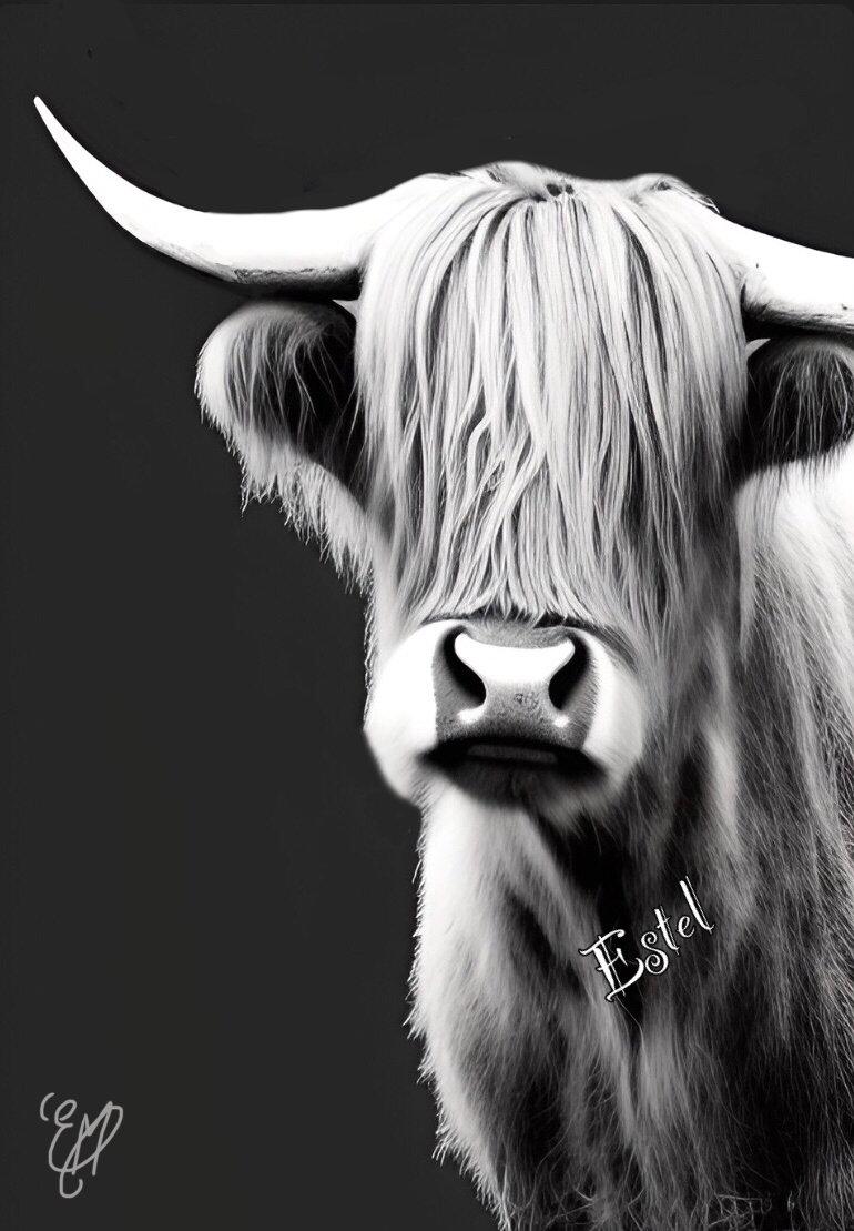 animal/animals/vache/écossaise/highland/cow/portrait/animalier/tableau/oeuvre/contemporaine/moderne/numérique/peinture/dessin/nature/cadeau/décoration/homedecor/homedesign/art/Estel/illustration/petportrait/4