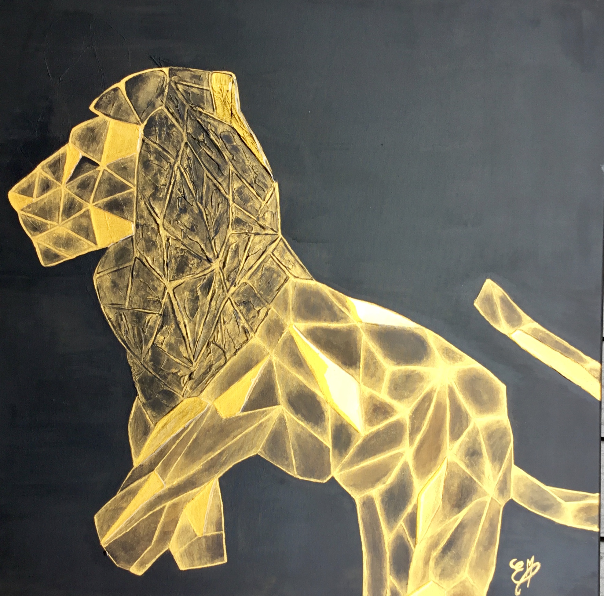 tableau, toile, oeuvre, peinture, painting, peintre, acrylique, abstrait, abstract,multicolore, plusieurs, couleurs, coloré, couteau, pinceau, Estelle, Estel, moderne, contemporain, design, unique, original, pas cher, achat, vente, format, artiste, original, decoration, intérieur, beau, magnifique, , image, dimension, taille, représentations, formes, carrés, triangles, facettes, géométriques,or, noir, lion, animal, de profil