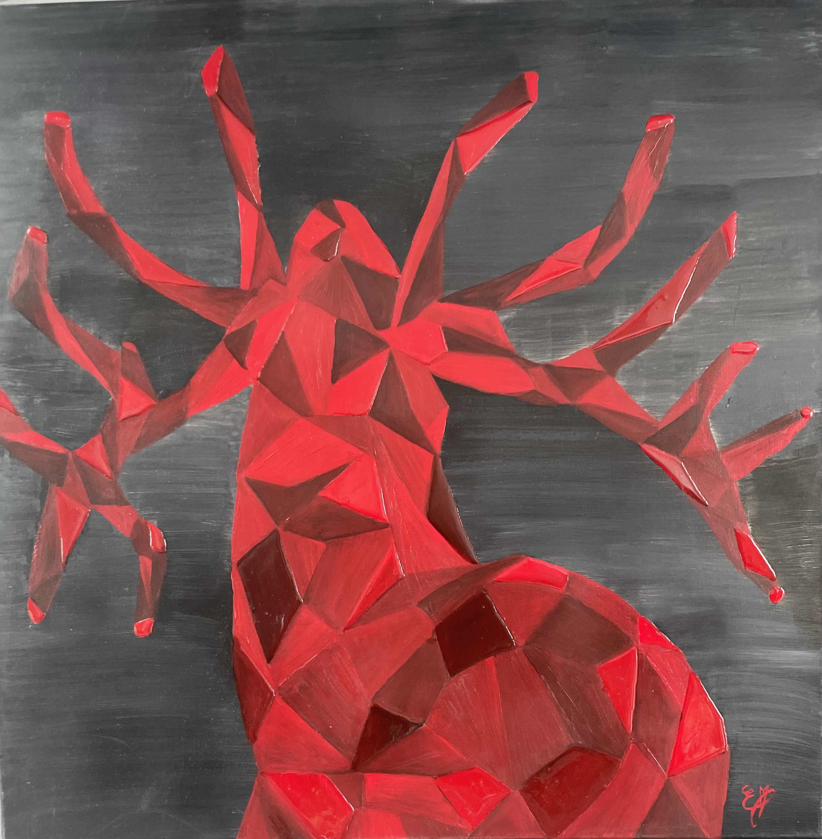 Cerf, tableau, toile, acrylique, géométrique, modern, contemporain, rouge, de dos, gris, facette, unique, original, art painting, décoration, intérieur