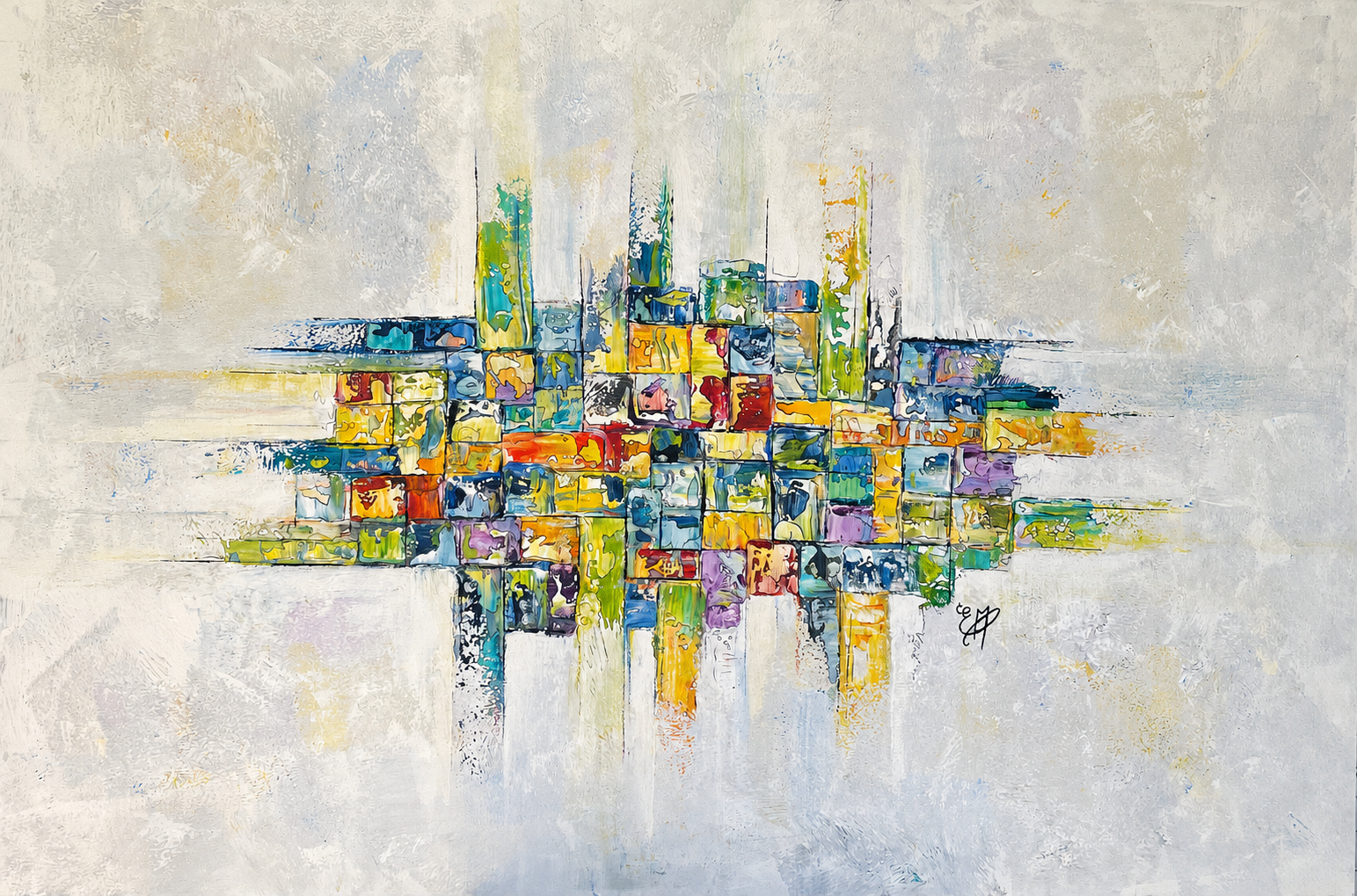 Tableau abstrait contemporain Fragments de lumière, œuvre originale aux tons bleu, jaune, vert et blanc, rouge et violet, Estel, tableau moderne unique original