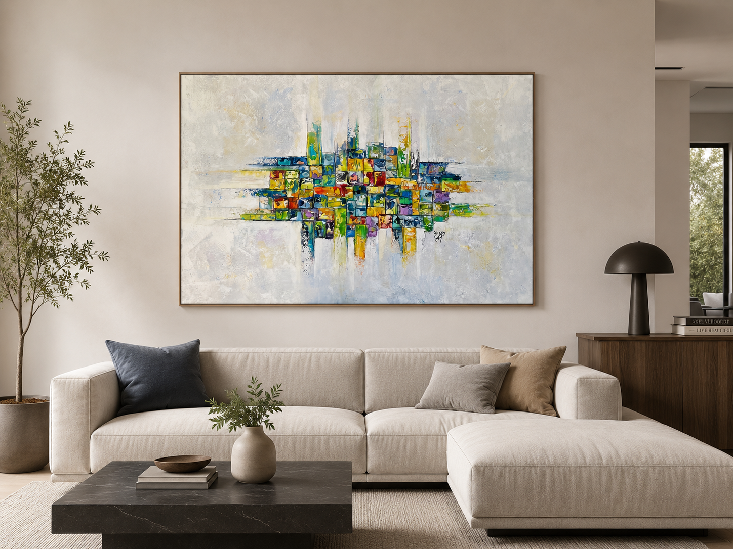 Tableau abstrait contemporain Fragments de lumière 1 aux tons bleu, jaune, vert et blanc, œuvre originale d’Estel, décoration intérieure 2