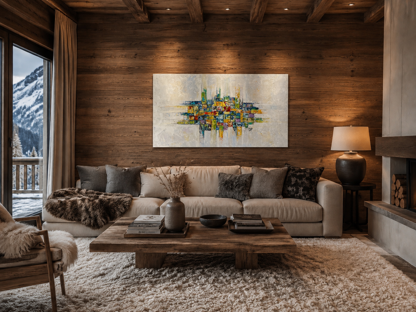 Tableau abstrait contemporain Fragments de lumière 1 aux tons bleu, jaune, vert et blanc, œuvre originale d’Estel, décoration intérieure 3