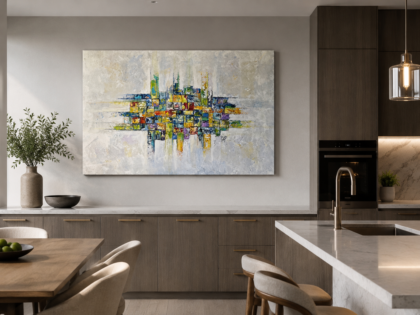 Tableau abstrait contemporain Fragments de lumière 1 aux tons bleu, jaune, vert et blanc, œuvre originale d’Estel, décoration intérieure 4