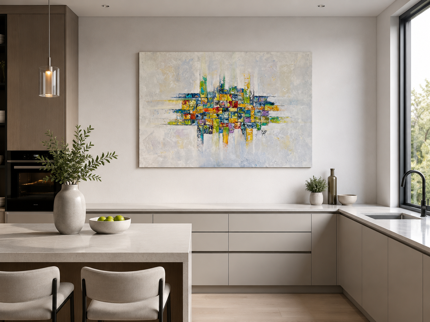 Tableau abstrait contemporain Fragments de lumière 1 aux tons bleu, jaune, vert et blanc, œuvre originale d’Estel, décoration intérieure 5