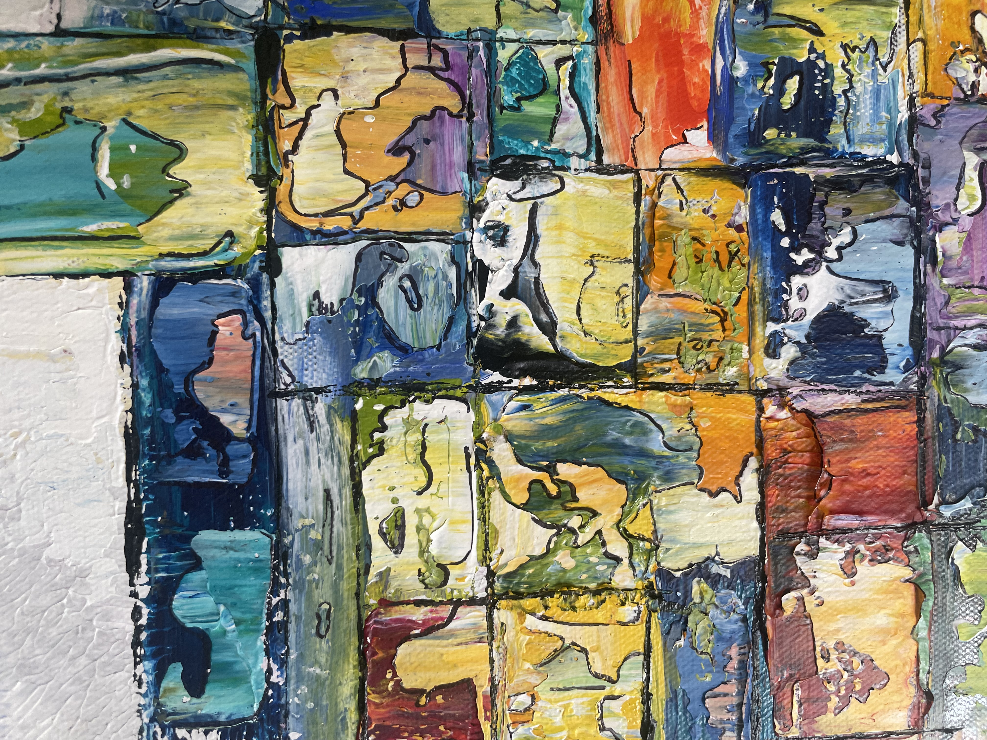 Tableau abstrait contemporain Fragments de lumière 1 aux tons bleu, jaune, vert et blanc, œuvre originale d’Estel, partie 1