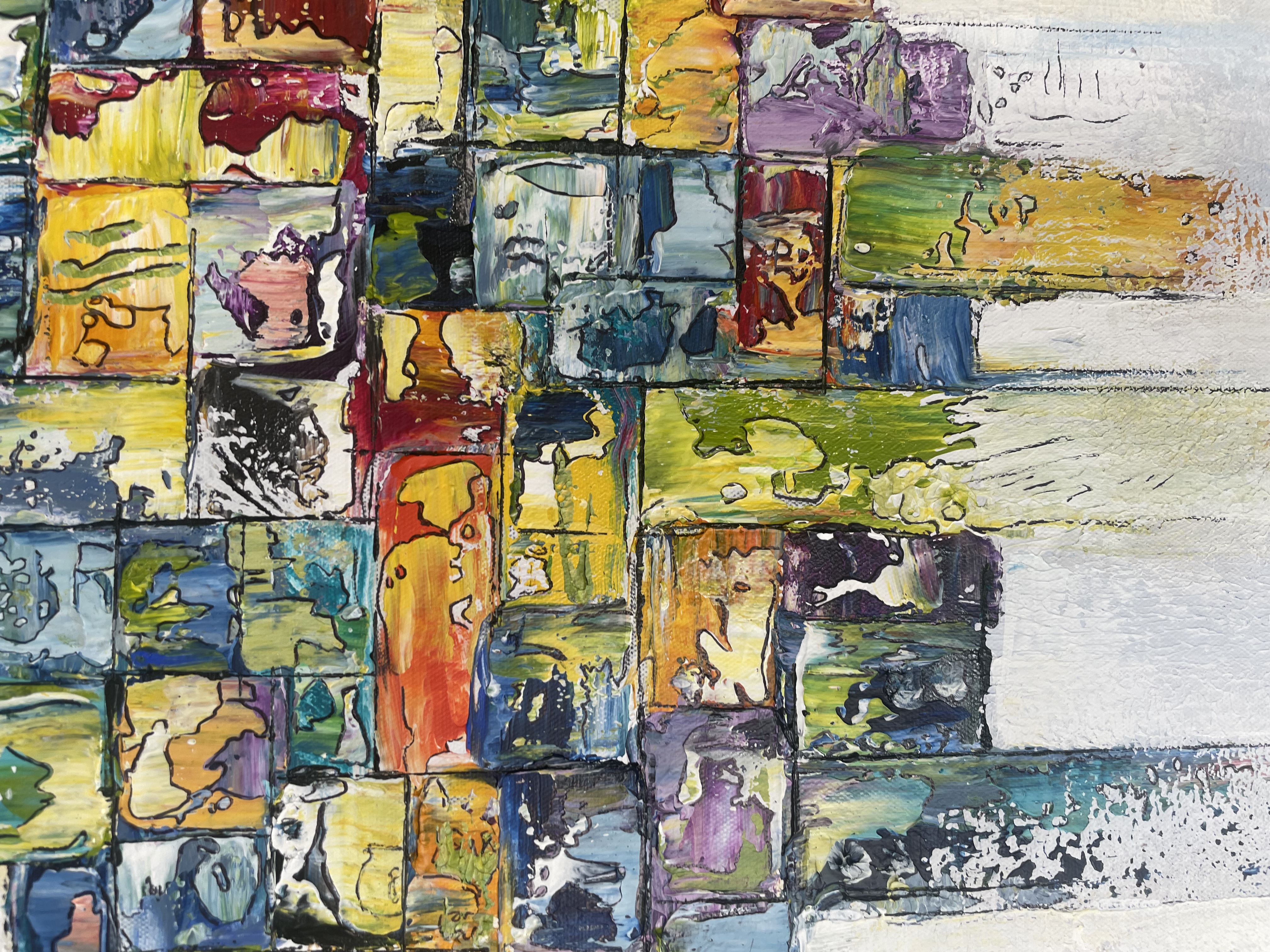Tableau abstrait contemporain Fragments de lumière 1 aux tons bleu, jaune, vert et blanc, œuvre originale d’Estel. Partie 2