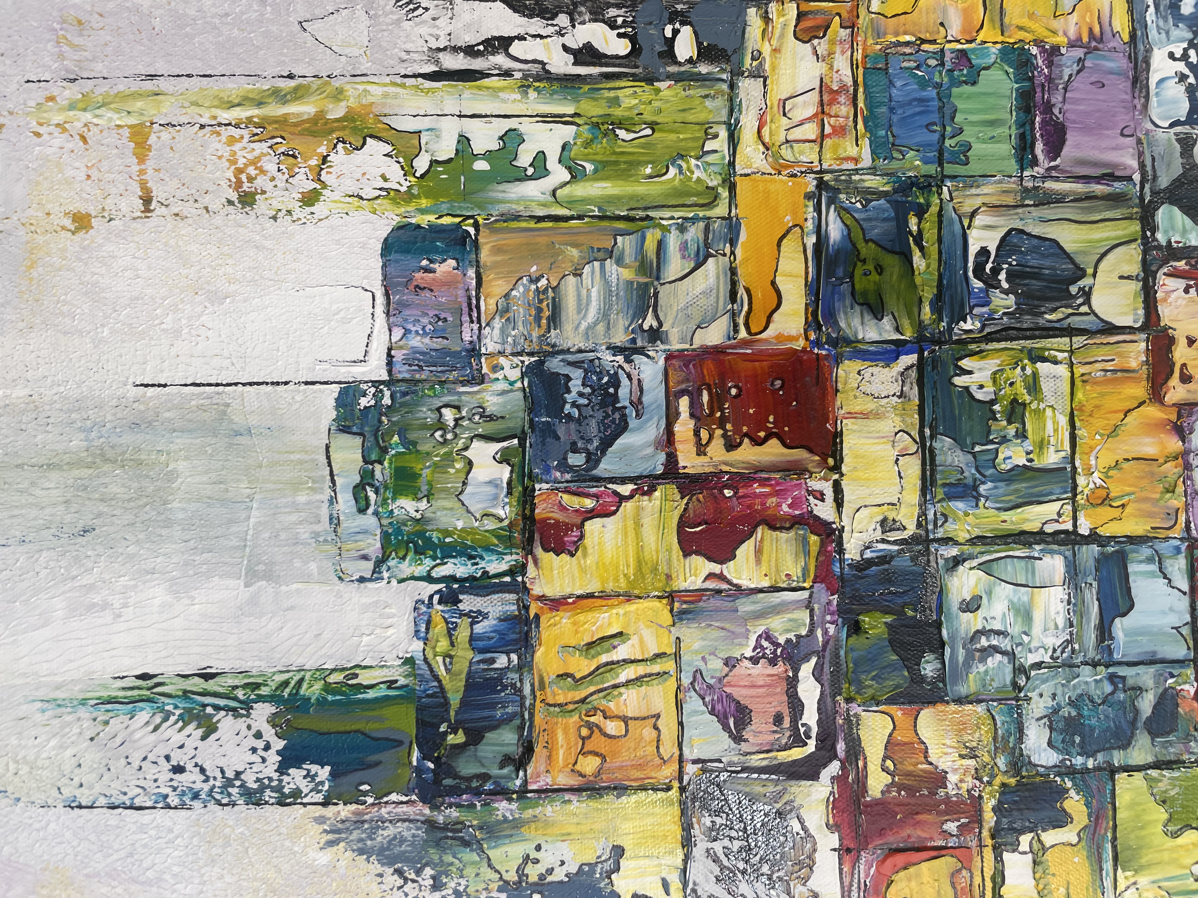Tableau abstrait contemporain Fragments de lumière 1 aux tons bleu, jaune, vert et blanc, œuvre originale d’Estel. Partie 3