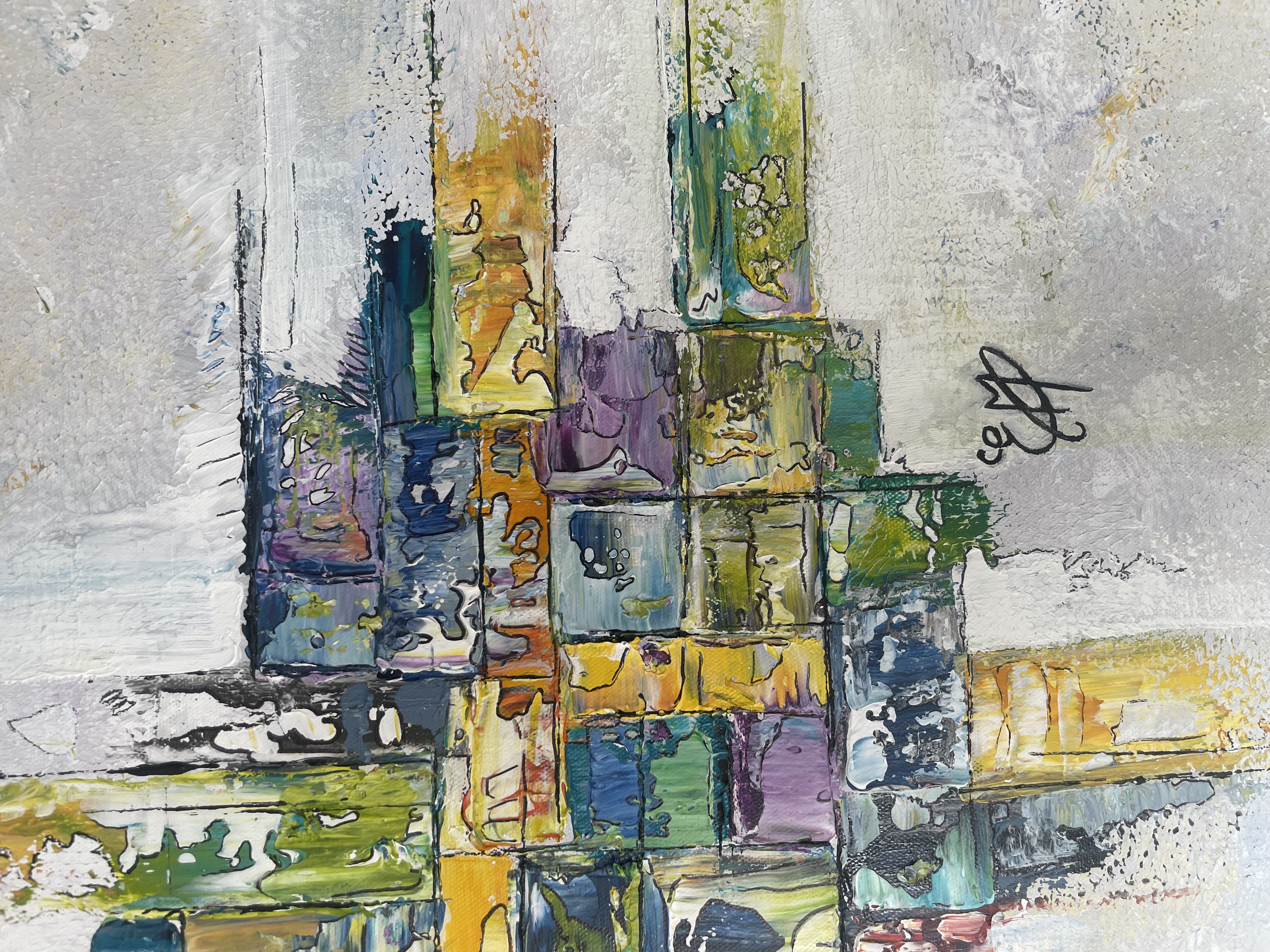 Tableau abstrait contemporain Fragments de lumière 1 aux tons bleu, jaune, vert et blanc, œuvre originale d’Estel, partie 4