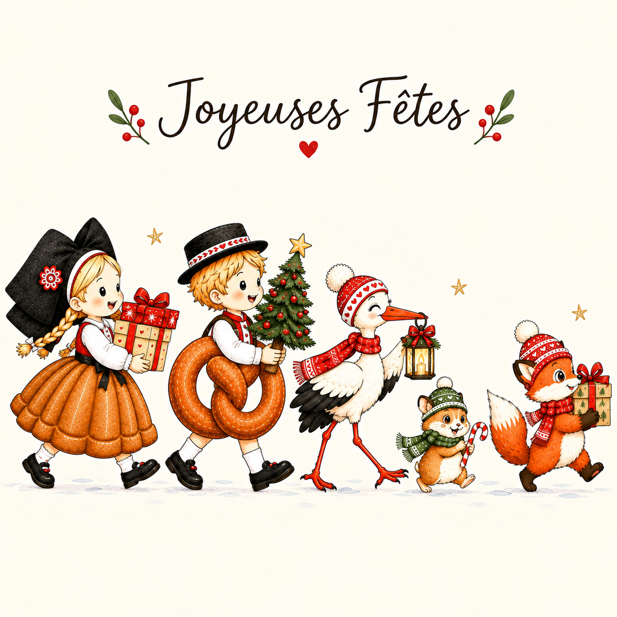 carte de No&euml;l, No&euml;l en Alsace, carte alsacienne, Joyeuses F&ecirc;tes, personnages alsaciens, Bretzi, Kougui, illustration alsacienne, aquarelle, cr&eacute;ation originale, Alsace, Carte de No&euml;l illustr&eacute;e &agrave; l&rsquo;aquarelle avec les personnages alsaciens Bretzi et Kougui, dans un univers chaleureux et traditionnel d&rsquo;Alsace. Une cr&eacute;ation originale pour souhaiter de joyeuses f&ecirc;tes 1 