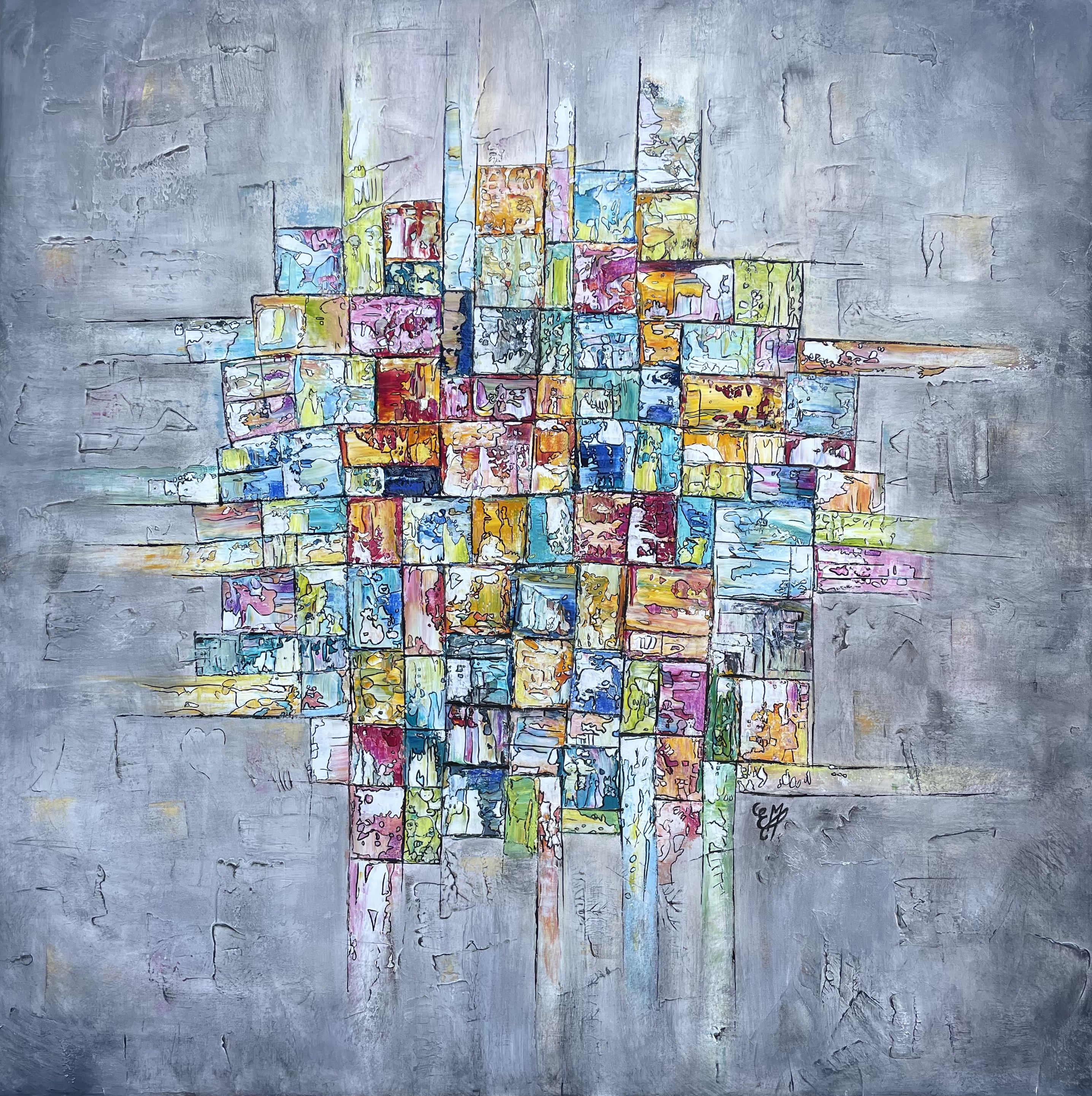 tableau abstrait contemporain, tableau abstrait coloré, peinture abstraite, art contemporain, tableau moderne, œuvre originale, peinture sur toile, tableau bleu et jaune, tableau lumineux, décoration murale contemporaine, artiste peintre, tableau abstrait, art contemporain, peinture originale, tableau moderne, tableau coloré, peinture sur toile, Mosaïque suspendue, Estel