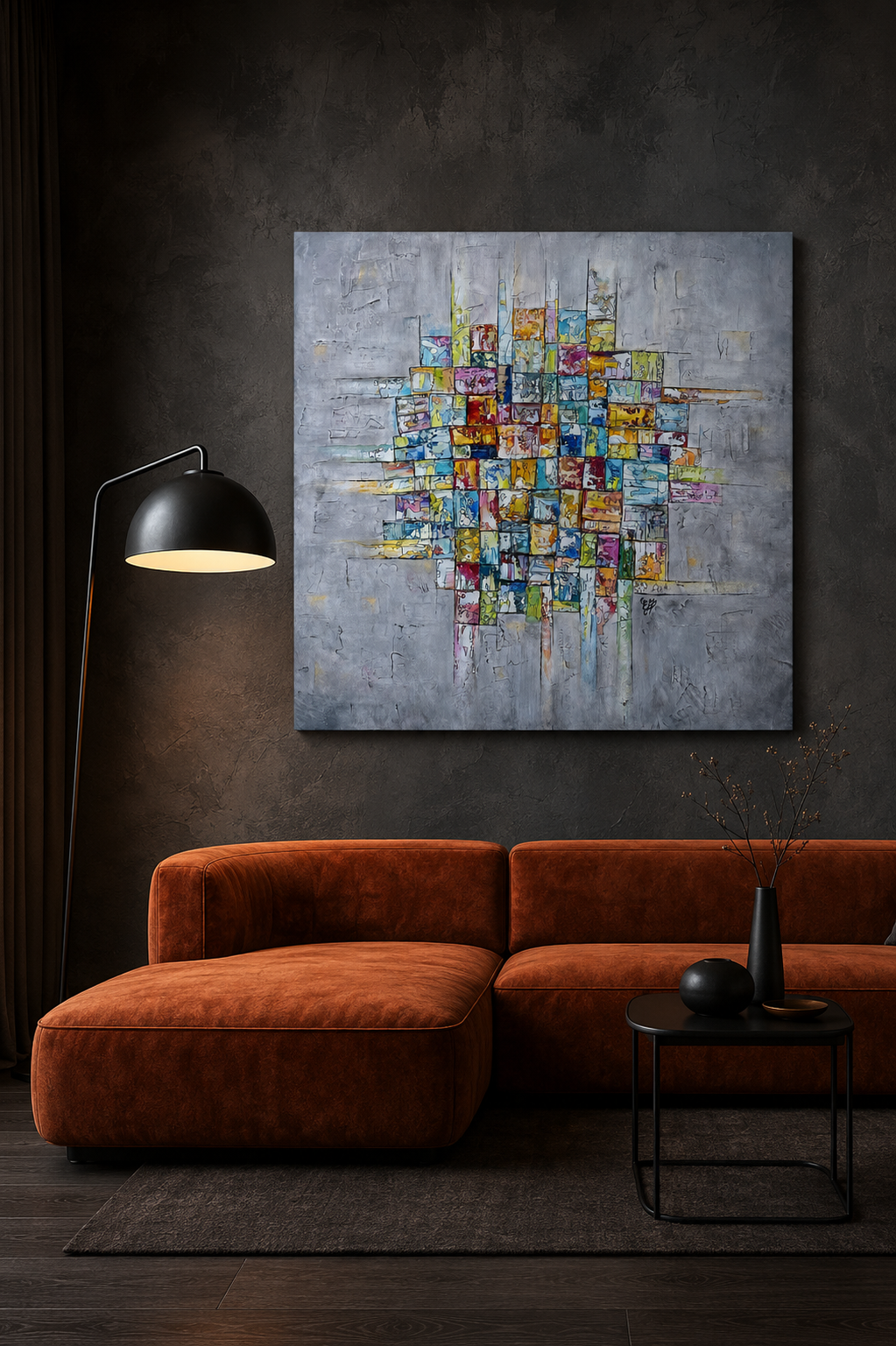 tableau abstrait contemporain, tableau abstrait coloré, peinture abstraite, art contemporain, tableau moderne, œuvre originale, peinture sur toile, tableau bleu et jaune, tableau lumineux, décoration murale contemporaine, peinture acrylique, leu, vert, jaune, rouge, gris, rose, orange, lumineux, géométrique, artiste peintre Estel, mosaïque suspendue 1, décoration intérieure