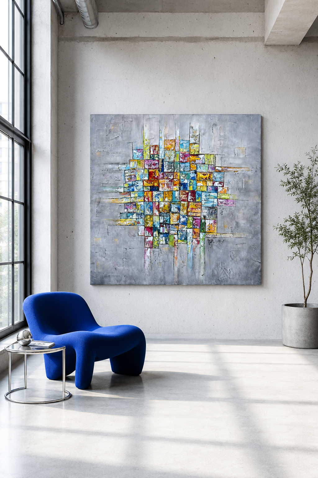 tableau abstrait contemporain, tableau abstrait coloré, peinture abstraite, art contemporain, tableau moderne, œuvre originale, peinture sur toile, tableau bleu et jaune, tableau lumineux, décoration murale contemporaine, peinture acrylique, leu, vert, jaune, rouge, gris, rose, orange, lumineux, géométrique, artiste peintre Estel, mosaïque suspendue 2, décoration intérieure