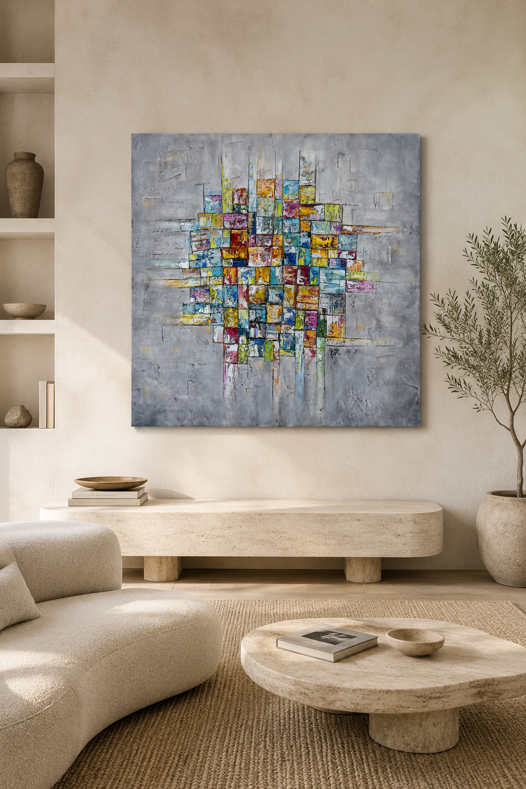 tableau abstrait contemporain, tableau abstrait coloré, peinture abstraite, art contemporain, tableau moderne, œuvre originale, peinture sur toile, tableau bleu et jaune, tableau lumineux, décoration murale contemporaine, peinture acrylique, leu, vert, jaune, rouge, gris, rose, orange, lumineux, géométrique, artiste peintre Estel, mosaïque suspendue 3, décoration intérieure