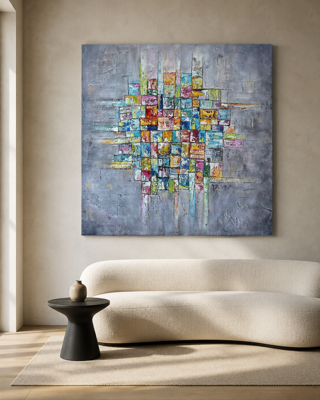 tableau abstrait contemporain, tableau abstrait coloré, peinture abstraite, art contemporain, tableau moderne, œuvre originale, peinture sur toile, tableau bleu et jaune, tableau lumineux, décoration murale contemporaine, peinture acrylique, leu, vert, jaune, rouge, gris, rose, orange, lumineux, géométrique, artiste peintre Estel, mosaïque suspendue 4, décoration intérieure