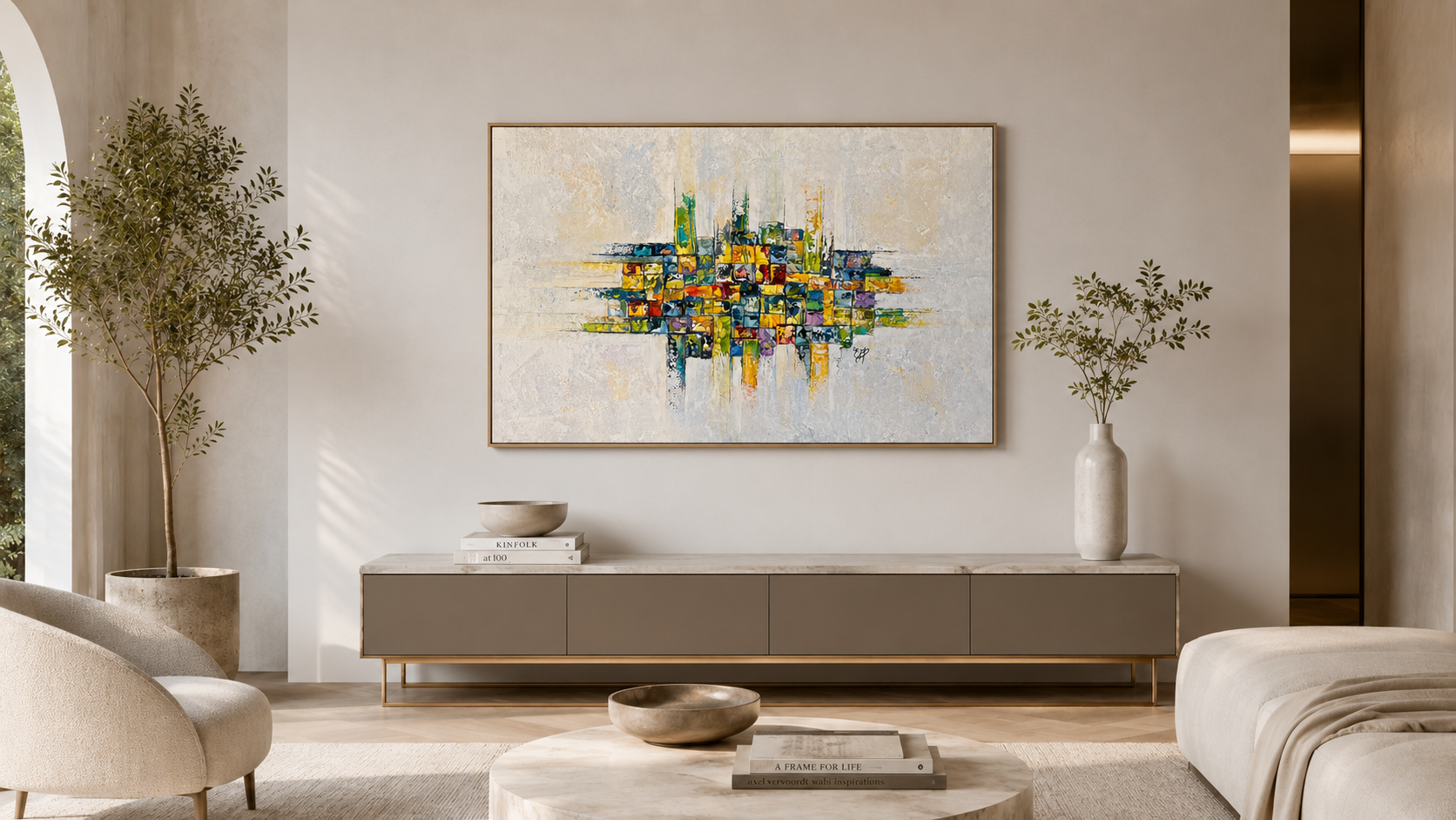 Tableau abstrait contemporain Fragments de lumière 1 aux tons bleu, jaune, vert et blanc, œuvre originale d’Estel, décoration intérieure 1